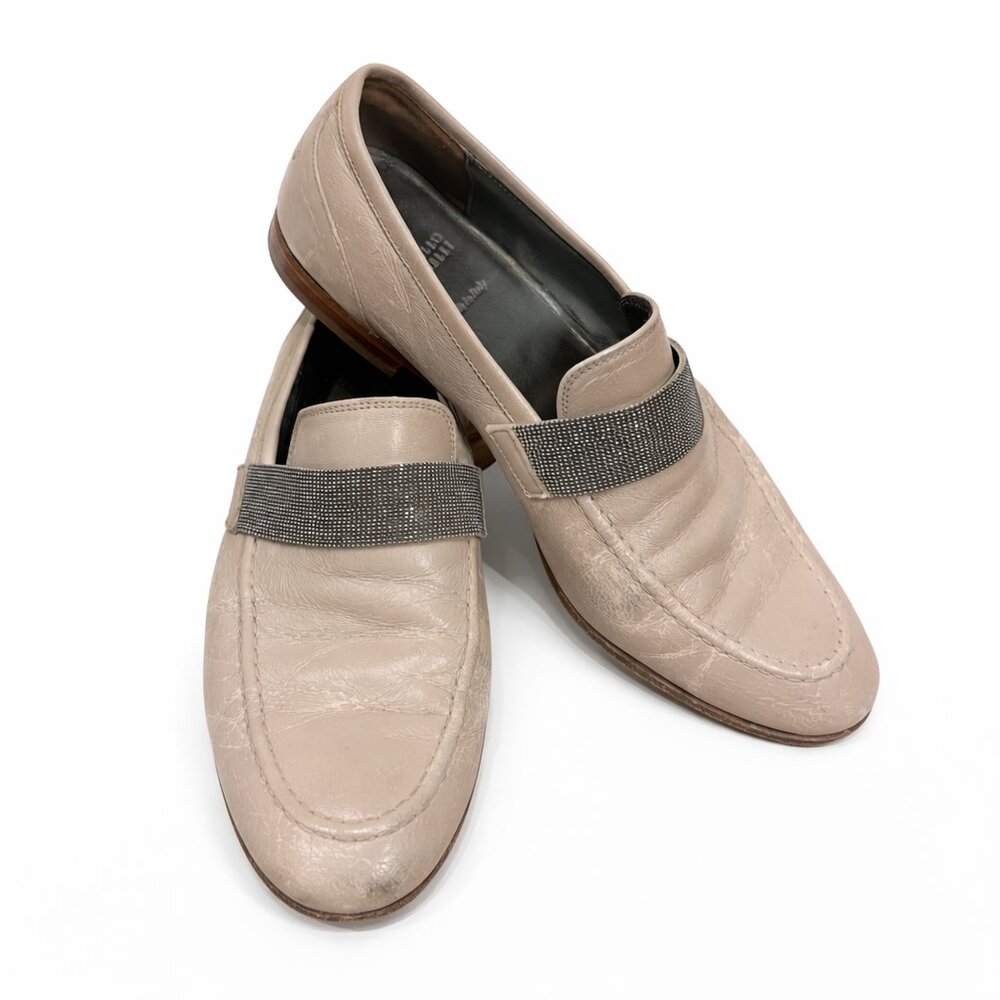 Brunello Cucinelli Beige Leather Loafers with Monili Strap – Size 37.5